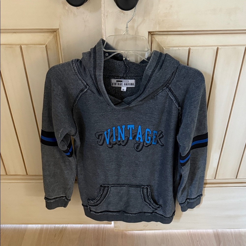 Vintage Havana Charcoal Hoodie with Blue Accents